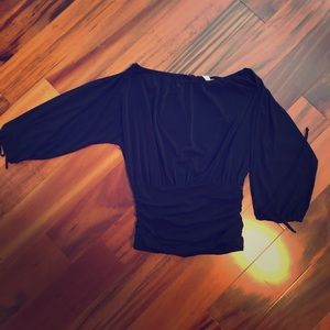 Worthington Womens Off Shoulder Balloon Tie Sleeve Ruched Blouse Top Black Small